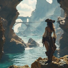 Adventurous spirit: a female pirate of the Caribbean dons corsair clothing, sailing the high seas with swashbuckling style and a rebellious flair for maritime plunder and daring escapades. - obrazy, fototapety, plakaty