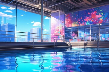 Immersive Pool indoor anime visual novel game. Patio edge. Generate Ai
