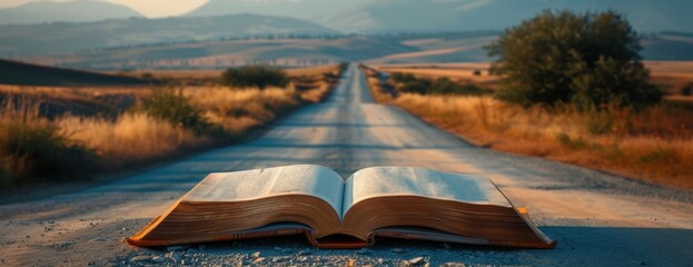 An open book laid casually on the side of the road, with the road surface visible on the background.