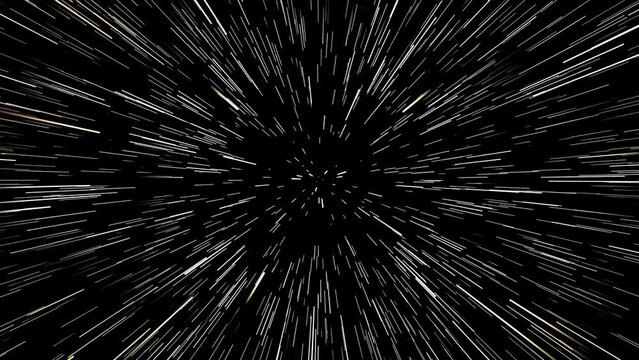 Hyperspace jump through the stars to a distant space. 4K 3D rendering traveling through star fields flying extremely fast light speed journey through a wormhole to the end of tunnel in space.
