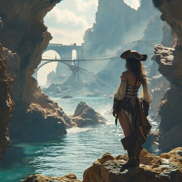 Adventurous spirit: a female pirate of the Caribbean dons corsair clothing, sailing the high seas with swashbuckling style and a rebellious flair for maritime plunder and daring escapades.