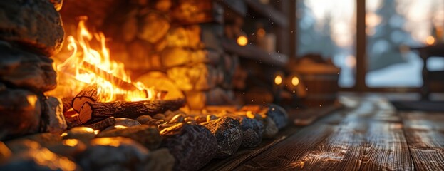 A close-up photo of a burning fire inside a cozy fireplace next to a wooden floor in a hut.
