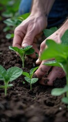 A farmers hands carefully plant a sprout in the dirt, representing a business concept.