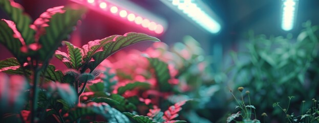 A photo showcasing a variety of plants being grown in an indoor space illuminated by high-tech vertical farm artificial lighting.