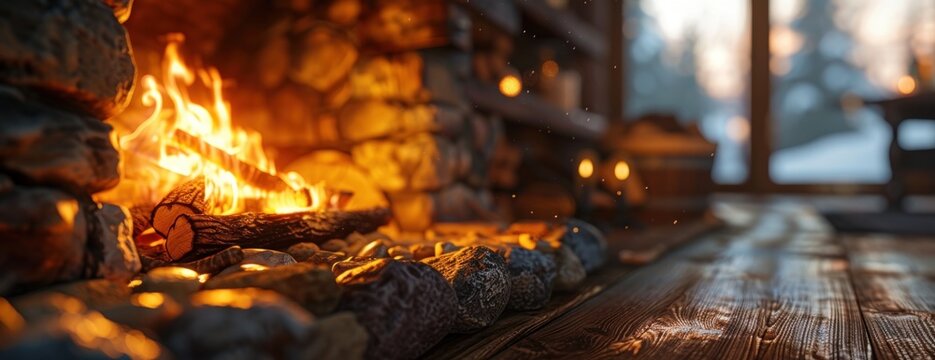 A close-up photo of a burning fire inside a cozy fireplace next to a wooden floor in a hut.