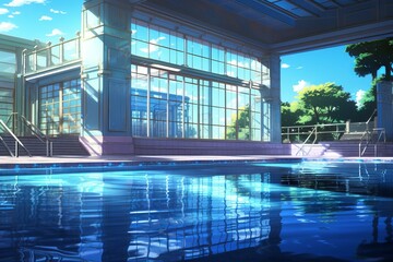 Interactive Pool indoor anime visual novel game. Patio edge. Generate Ai