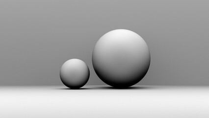 Sphere, two matte gray balls. Geometric round shapes, balls concept, banner. 3D render