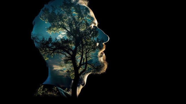 Double exposure silhouette head portrait of a thoughtful man combined with photograph of forest. Conceptual image showing unity of human with nature. Ecology, freedom, environment