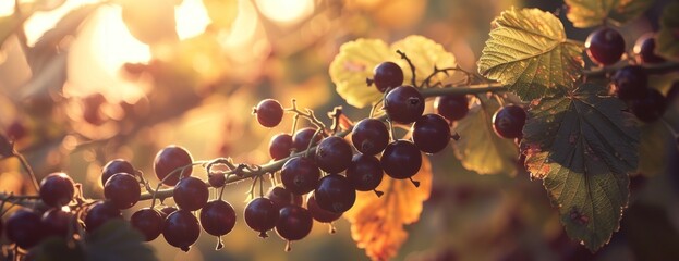 A branch with natural blackcurrant berries hanging in abundance against a blurred background. - obrazy, fototapety, plakaty