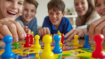 Close up of children s hands actively participating in a fun and educational board game session