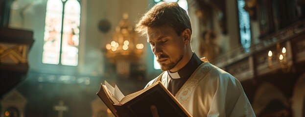 A Catholic priest stands in a church, holding a book in his hands.
