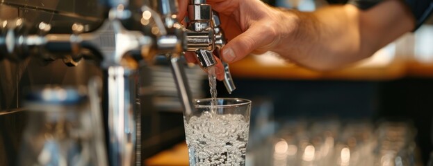 Close-up of a mans hand filling a glass with water from a faucet. - obrazy, fototapety, plakaty