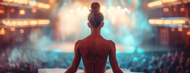 A ballerina in a red dress sits in front of a stage during her performance. - obrazy, fototapety, plakaty