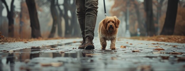 A person walks their dog on a leash through the rain.