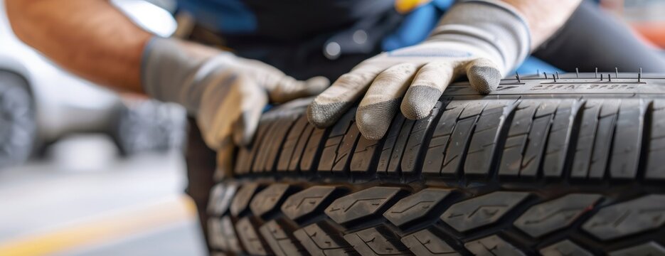 A person at a repairing service garage holds a tire for repair or replacement.