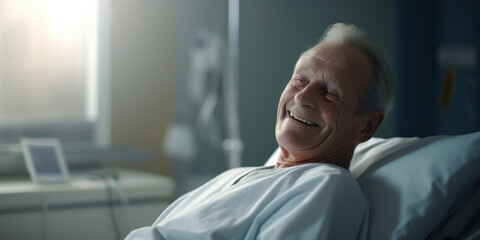 an elderly hospitalized man lying on a hospital stretcher, smiling happily. Hospital environment background, generative AI - obrazy, fototapety, plakaty
