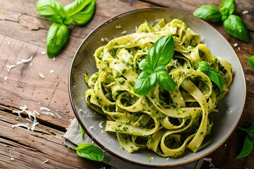 delicious tagliatelle with basil pesto sauce on a wooden table