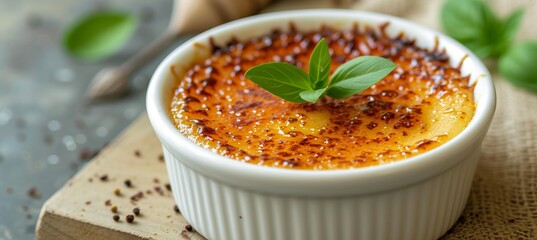 Decadent creme brulee dessert with space for text, a tasty french burnt cream served at a restaurant