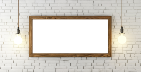 Blank white poster hanging on brick wall. transparent template frame mock-up with shadow, png. Empty frame. Poster layout.	