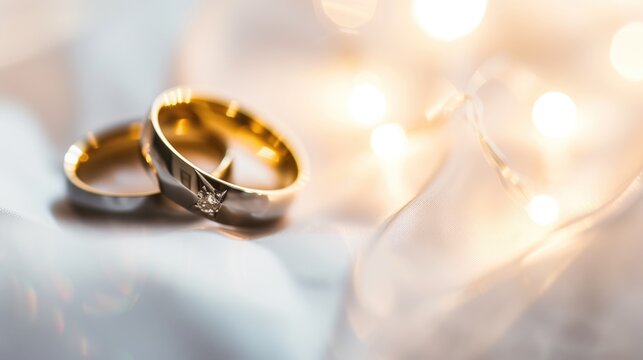 A couple of wedding rings sitting on top of a bed