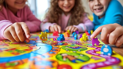 Close up of joyful children s hands engaged in playing a captivating and interactive board game