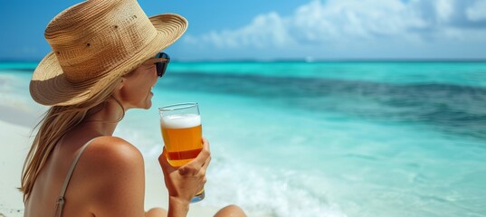 Beautiful woman enjoying a beer on a tropical paradise beach on a sunny summer day with copy space