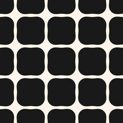 Vector monochrome rounded grid seamless pattern. Abstract geometric minimal texture with curved shapes, mesh, lattice, grill, net. Simple black and white checkered background. Dark repeated design