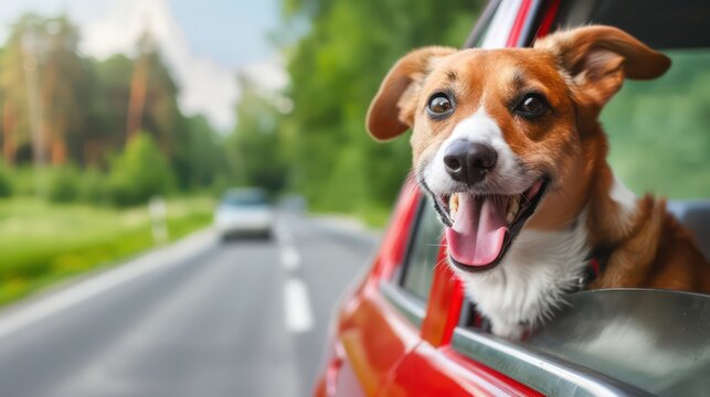 Happy dog with head out of the car window having fun