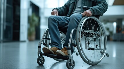 Obraz premium Man sitting in wheelchair at home.