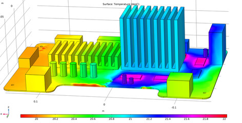 Computer 3d modeling of the temperature distribution  on the surface of the printed circuit board of an electronic device and its components. Thermal analysis. © TKalinovskaya