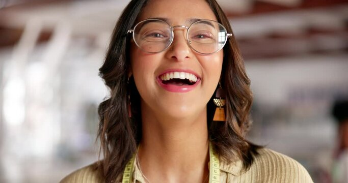 Smile, face and funny with woman, fashion and laughing in a workspace or happiness with clothing designer. Portrait, person or entrepreneur with glasses or measure tape with humor, joke or business