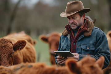 Farmer with tablet and cow on pasture - obrazy, fototapety, plakaty
