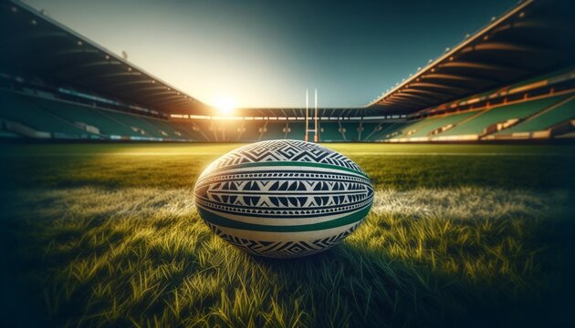 rugby ball adorned with simple tribal patterns, placed prominently on the green grass of a rugby field at dawn