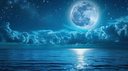 Naklejka na ściany i meble romantic and scenic panorama with full moon on sea to night