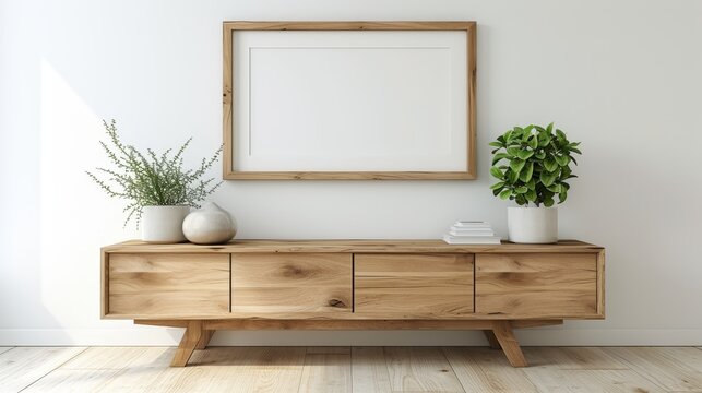 Blank poster frame mockup on white wall in living room with wooden sideboard and small green plant