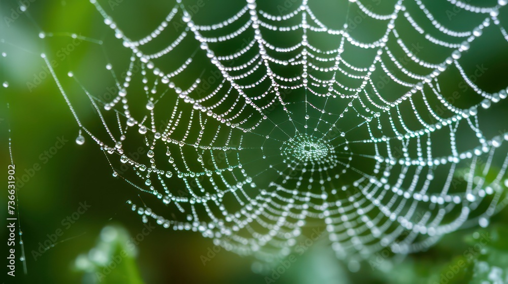 Wall mural Cobweb or spiderweb natural rain pattern background close-up. Cobweb with drops of rain pattern in blue light. Cobweb net texture with morning rain bokeh. Partial blur view lines spider web necklace