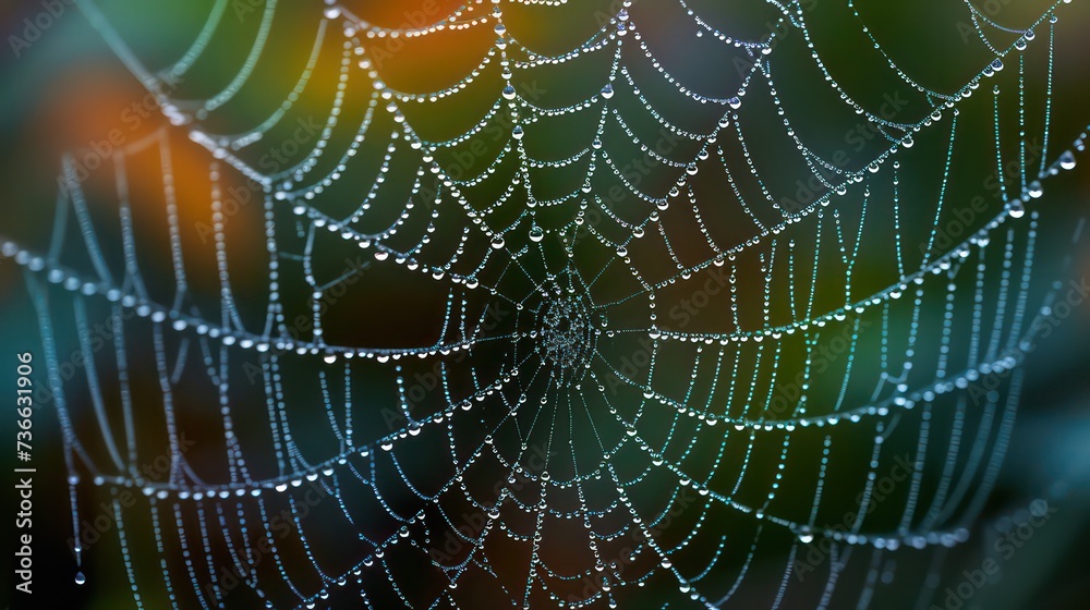 Wall mural cobweb or spiderweb natural rain pattern background close-up. cobweb with drops of rain pattern in b