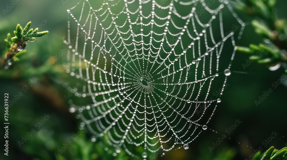 Wall mural cobweb or spiderweb natural rain pattern background close-up. cobweb with drops of rain pattern in b