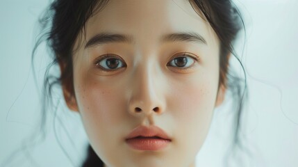 Cropped beautiful female Asian beauty care models face front close up. Calm relaxed young Korean woman with soft clean perfect skin looking at camera. - obrazy, fototapety, plakaty