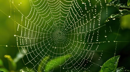 Fototapeta premium Spider web, plants and dew drops close-up. Natural pattern. Golden background. Soft sunlight. Macrophotography, graphic resources, insects, environmental conservation. Panoramic view, copy space