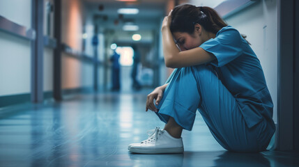 Worried doctor sitting on floor of hospital corridor, Concept of burnout syndrome among doctors.
