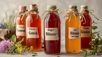 A series of glass bottles filled with fermented liquor, homemade kombucha, tea mushroom, useful each with a handmade label that reads. Classic, Ginger, lemon, hibiscus, rose, apple, cinnamon.