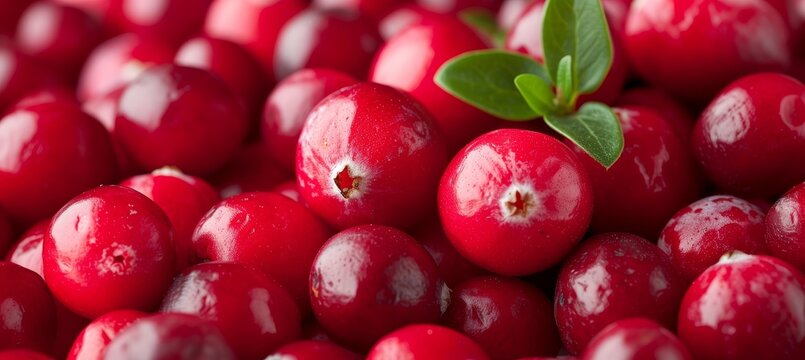 Luscious close up of ripe, crimson cranberries with textured detail and scattered vibrant leaves