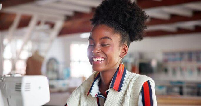 Black woman, smile and designer for fashion and seamstress for trendy style and passion. African female person, sew and tailor, dressmaking and alterations for fabric and apparel and custom clothes