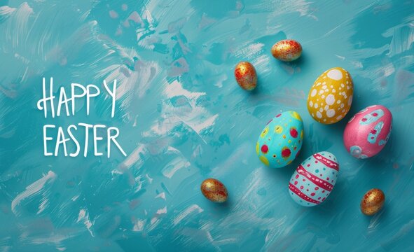 HAPPY EASTER greeting card with easter eggs on a blue background Generative AI