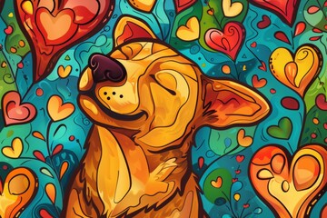 Vibrant and joyful dog surrounded by hearts and love. Colorful abstract illustration of a happy dog in a cheerful mood.