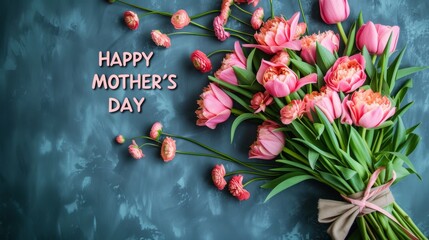 Happy Mother's Day greeting with pink tulips bouquet on dark background. Celebratory spring tulip arrangement with Mother's Day wishes.