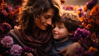In this heartwarming image, a loving mother embraces her child with warmth and tenderness, forming a beautiful bond filled with joy, security, and the purest form of maternal love. - obrazy, fototapety, plakaty