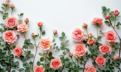 Pastel pink roses and rosebuds arranged on a white background with space for text. Flatlay design of pink floral arrangement for a romantic setting.