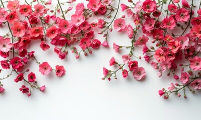 Fototapeta premium Romantic pink floral arrangement on a soft background. Serene pink blossoms creating a tranquil zen-like pattern. Delicate pink flowers in a creative flatlay composition for spring.